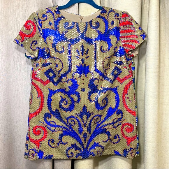 Sequin Shirt Blouse Tan Red Blue Baroque Sz 40 Short Sleeve Crew Party Event Top - Picture 16 of 16